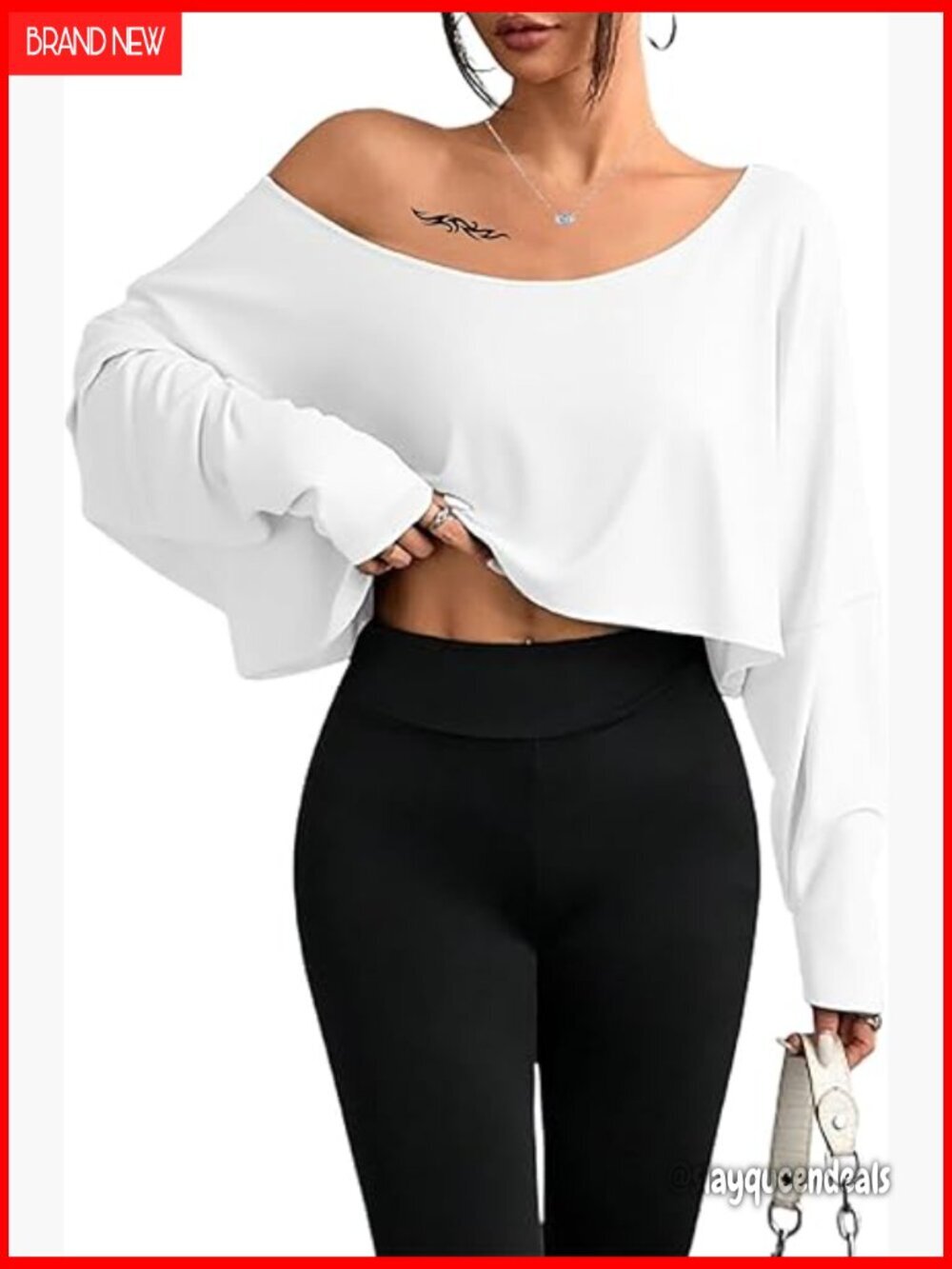 Oversized Off Shoulder Crop Top Long Sleeve Boat Neck Tee